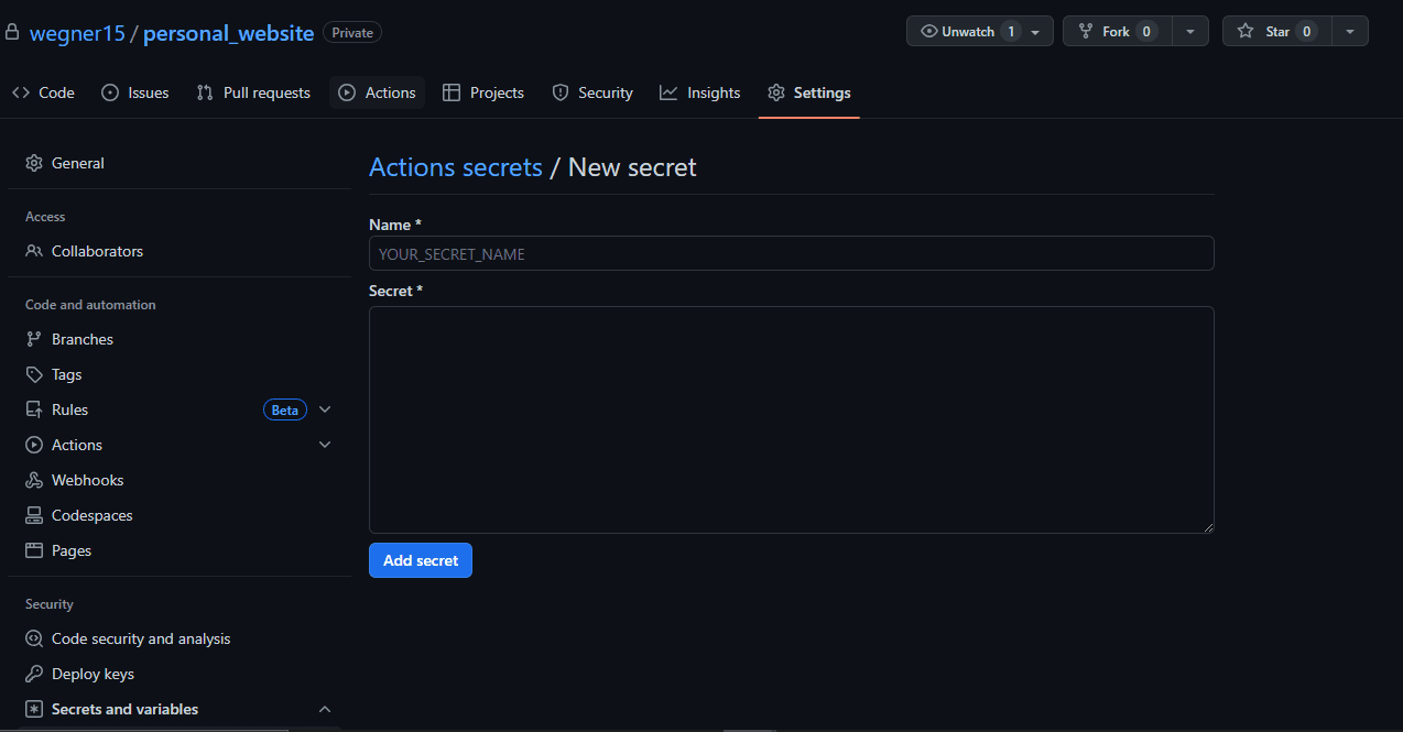 GitHub secret page